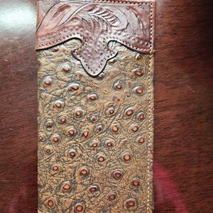 American West Tooled Leather Ostrich Print Rodeo Wallet - NWT